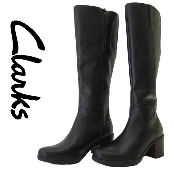 Clarks Shoes - NEW Clarks Hollis Moon Knee High Genuine Leather boots Black, Block Heel, Sz 6 M